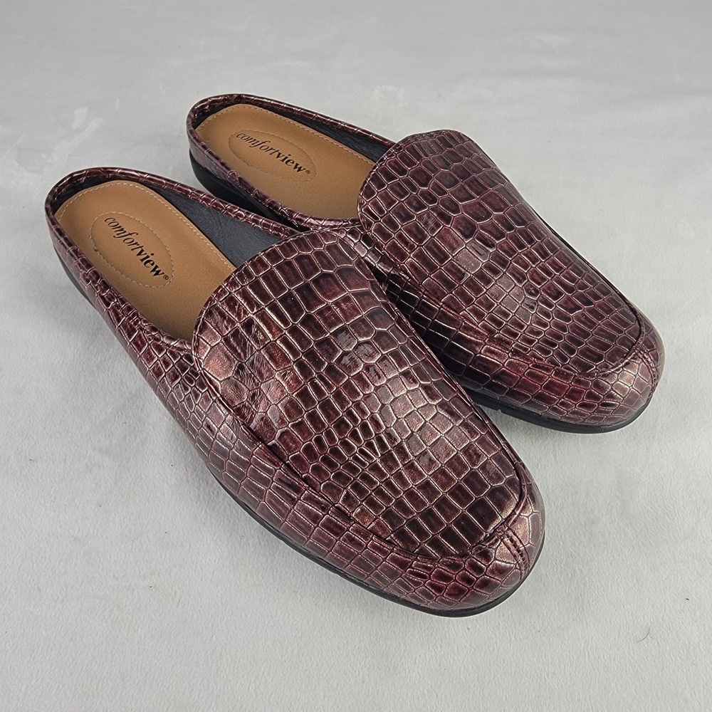 Comfortview Estelle Burgundy Metallic Croc Embossed Mules Womens 10M Square Toe